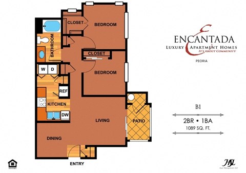 Floor plan for 2 beds, 1 bath, 1022 sqft